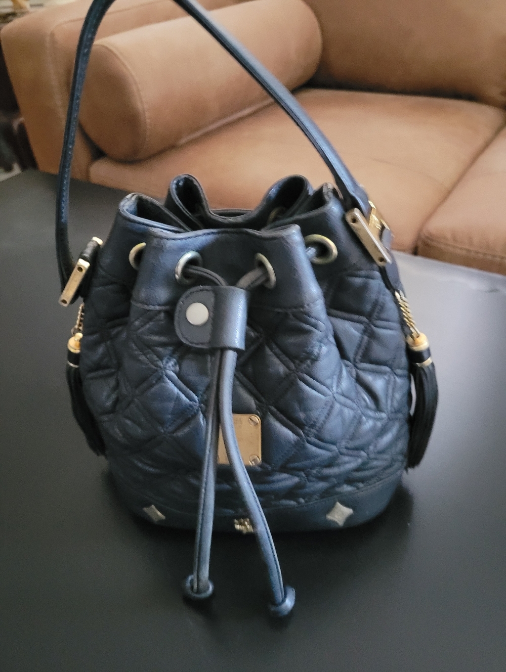 MCM Black Quilted Small Drawstring Bucket Bag - Designer Style